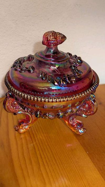 Vintage Red Glass Fenton Shell and Dollfin Carnival Glass Ca - Thumbnail 2