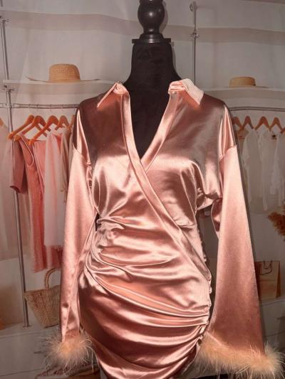 Fuzzy CuffRuched Wrap Hem Satin BodyconDress - Thumbnail 2