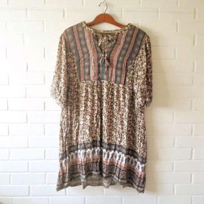 Boho floral mini dress with tie front and elastic waistband