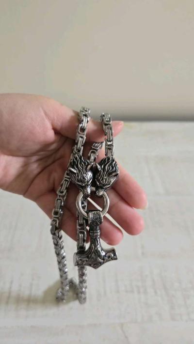 GuoShuang Wolf Head with Thor Mjolnir Pendant Necklace Stain - Thumbnail 4