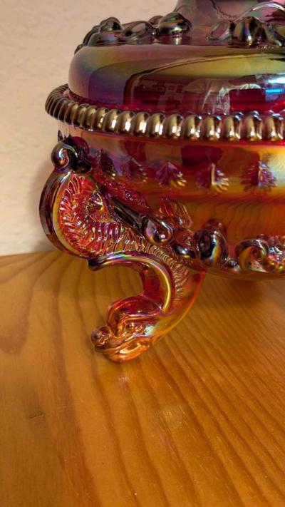 Vintage Red Glass Fenton Shell and Dollfin Carnival Glass Ca - Thumbnail 3