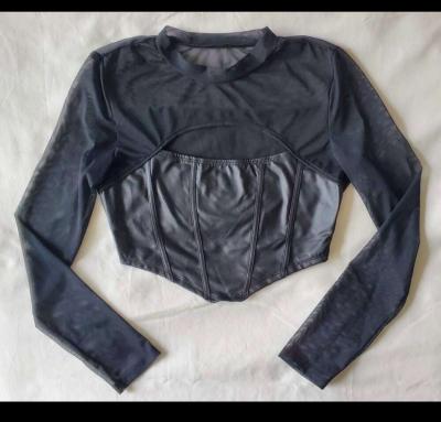 Black Sheer Long Sleeve Corset Top - Thumbnail 2
