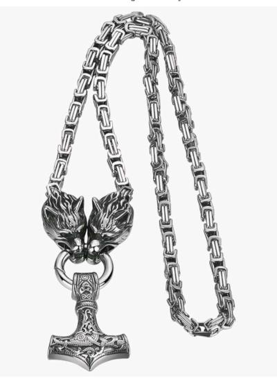 GuoShuang Wolf Head with Thor Mjolnir Pendant Necklace Stain - Thumbnail 2