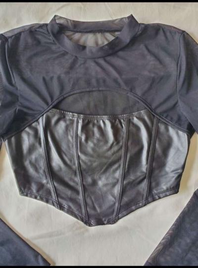 Black Sheer Long Sleeve Corset Top - Thumbnail 5