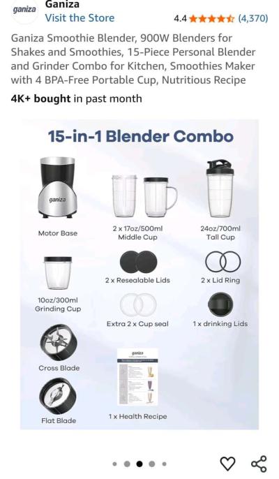 Ganiza Blender 900W Blenders for Shakes and Smoothies - Thumbnail 4