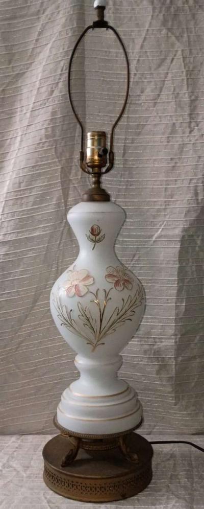 Vintage Bristol Glass Table Lamp White Glass Painted Flowers - Thumbnail 5