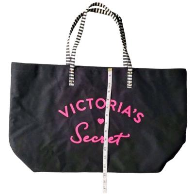 Victorias Secret Black Canvas Tote Bag With Striped Handles - Thumbnail 4