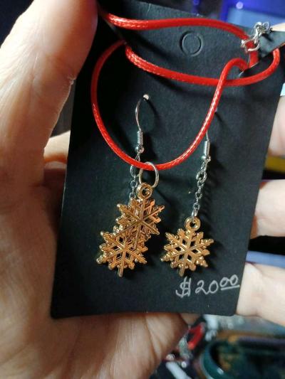 Hookstyle Earrings Leather Necklace Set Gold Snowflake - Thumbnail 2