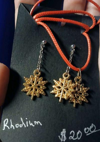 Rhodium Stud Earrings and Necklace with Gold Snowflake Charm - Thumbnail 2