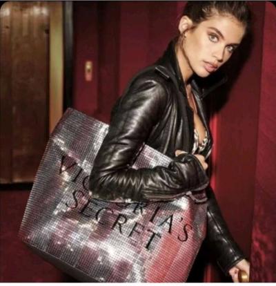 Victorias Secret Sequined Weekender Tote Bag Pink Silver Str - Thumbnail 5