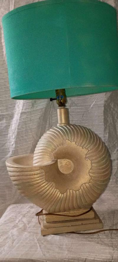 Vintage 1980s Pastel Iridescent Plaster Nautilus Table Lamp