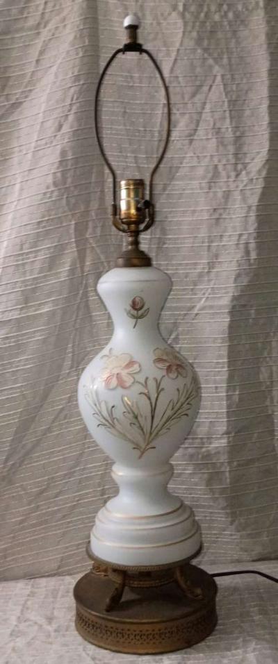 Vintage Bristol Glass Table Lamp White Glass Painted Flowers