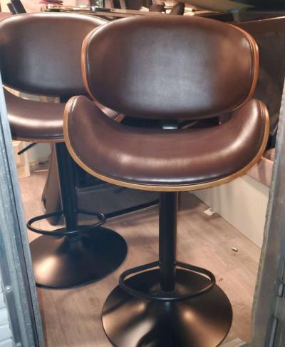 Brown Faux Leather and Wood Bar Stools
