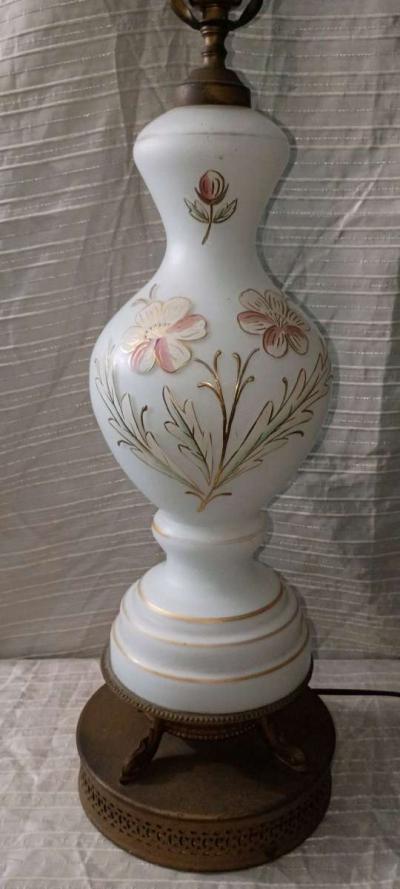 Vintage Bristol Glass Table Lamp White Glass Painted Flowers - Thumbnail 4