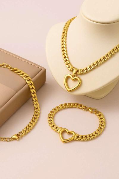 Gold Heart Cuban Chain Set  Necklace  Bracelet  Waterproof - Thumbnail 2