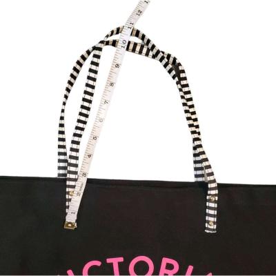 Victorias Secret Black Canvas Tote Bag With Striped Handles - Thumbnail 6