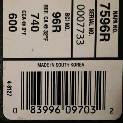 NAPA Car Battery BCI No 96R 600A - Thumbnail 3