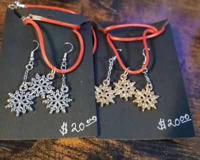Hookstyle Earrings Leather Necklace Set Silver Snowflake - Thumbnail 2