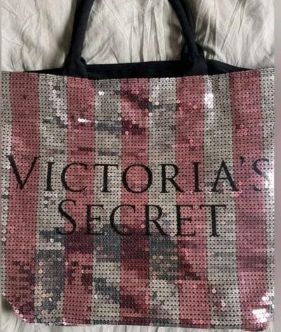 Victorias Secret Sequined Weekender Tote Bag Pink Silver Str - Thumbnail 6