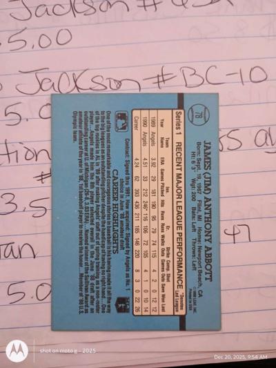 Jim Abbott card 78 - Thumbnail 2