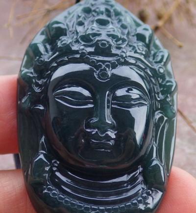 Certificate Jadeite Jade Black Green Kwan Yin Guanyin Head W - Thumbnail 3
