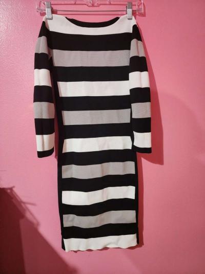 Womens Black  White Striped Bodycon Dress  Long Sleeve - Thumbnail 2