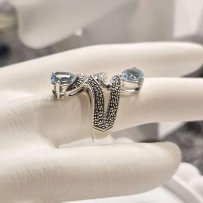 Sterling Silver Ring with Marcasite and Blue Topaz - Thumbnail 3