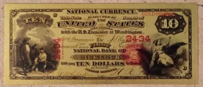 24 Karat Gold 1889 USA Ten Dollar Bill - Grand Rapids, Ohio