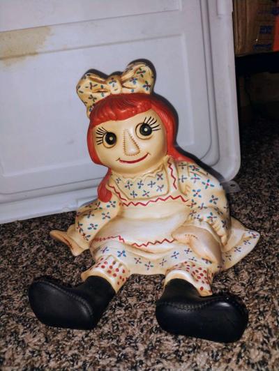 1970s hand painted ceramic statue of raggedy ann