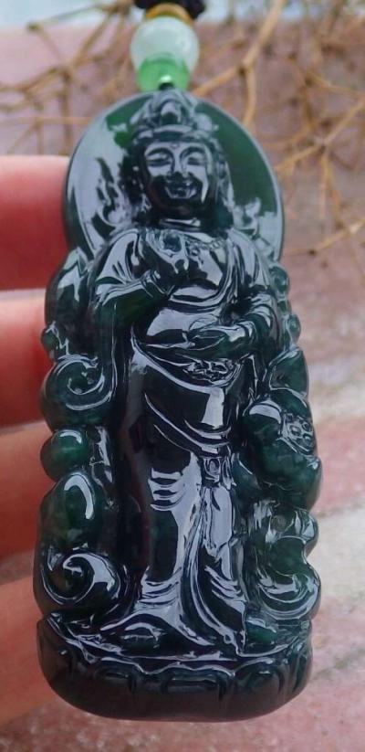 Certificate Jadeite Jade Black Green pendant Kwan Yin - Thumbnail 3