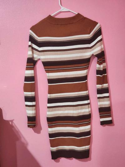 Womens Brown Striped Bodycon Sweater Dress  Long Sleeve - Thumbnail 2