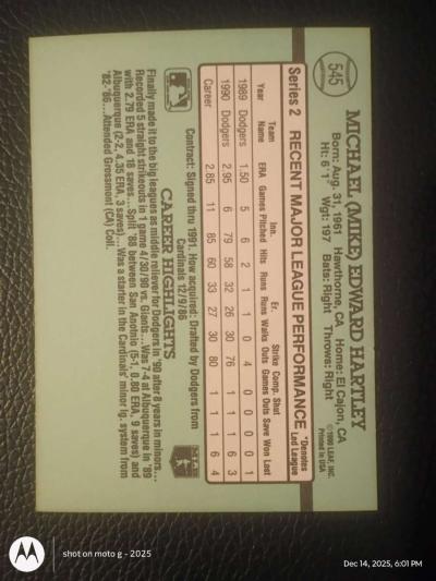 Mike Hartley Baseball Card - Thumbnail 2