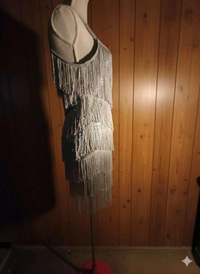 Glam Womens Fringe Party Dress Size Small Silver Sequin Spar - Thumbnail 3