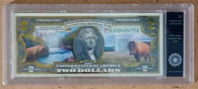 Colored yellow stone national park two dollar bill - Grand Rapids, Ohio