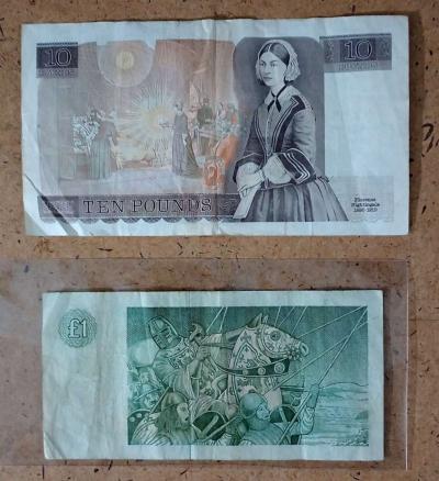 1 pound sterling and 10 pound banknotes from England - Thumbnail 2