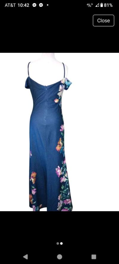 Womens Navy off The Shoulder Evening GownFloral Accent SZ 8 - Thumbnail 2