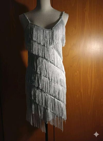Glam Womens Fringe Party Dress Size Small Silver Sequin Spar - Thumbnail 2
