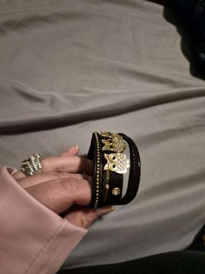 NEW Genuine black leather gold owl bracelet - Thumbnail 3
