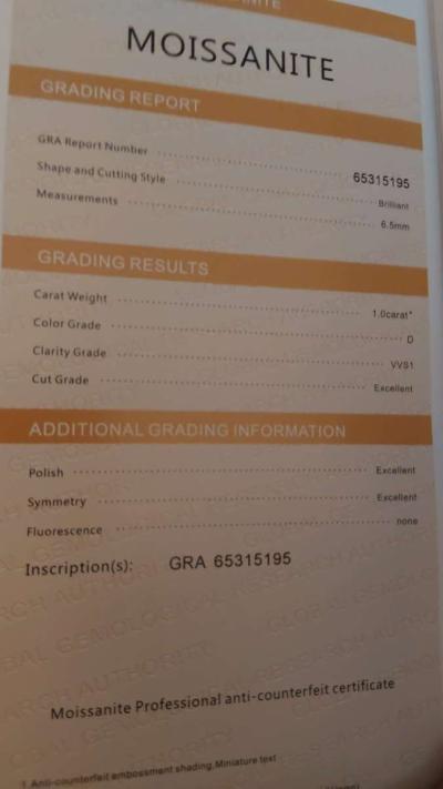 1ct VVS1 D brilliant moissanite certified - Thumbnail 2