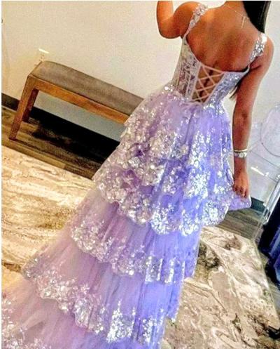 LONG LACE PROM DRESS WITH SLIT OFF THE SHOULDER LILAC COLOR - Thumbnail 2