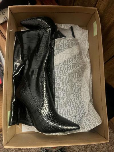Steve Madden Glossy Black Croc Embossed Heeled Boots - Thumbnail 2