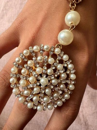 pearl and crystal hand chain bracelet - Thumbnail 4