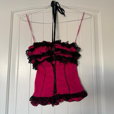 Strapless Hot Pink  Black Lace Ruffled Bustier Top  Padded - Thumbnail 3