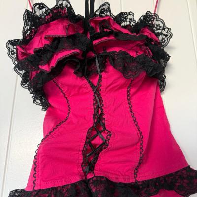 Strapless Hot Pink  Black Lace Ruffled Bustier Top  Padded - Thumbnail 6