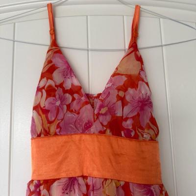 Vibrant Orange  Pink Floral Chiffon Dress with Satin Waistba - Thumbnail 2