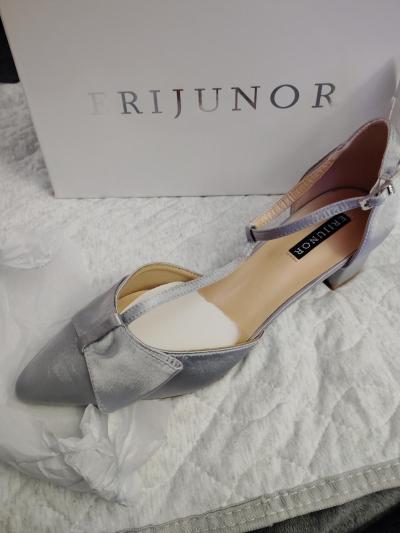 ERIJUNOR E0079 Bow Shoes Comfortable Chunky Low Heels Wedding Satin Shoes Silver Size 9 - Thumbnail 4