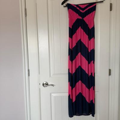 Bold Pink  Navy Chevron Strapless Maxi DressSize Small Eyeca - Thumbnail 4