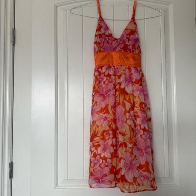 Vibrant Orange  Pink Floral Chiffon Dress with Satin Waistba - Thumbnail 5