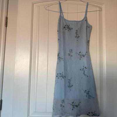 Powder Blue Soft Sky Blue Floral Chiffon Midi Dress  Subtle - Thumbnail 3