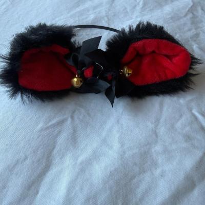 Gothic Black  Red Faux Fur Cat Ears Headband with Gold Bells - Thumbnail 5